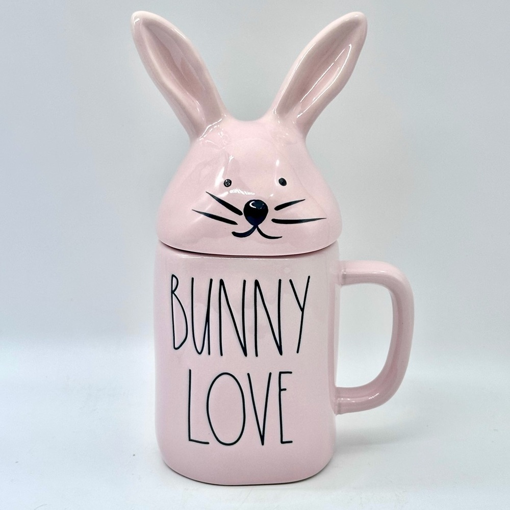 Rae Dunn "Bunny Love" Pink Ceramic Mug With Bunny Head Topper Lid